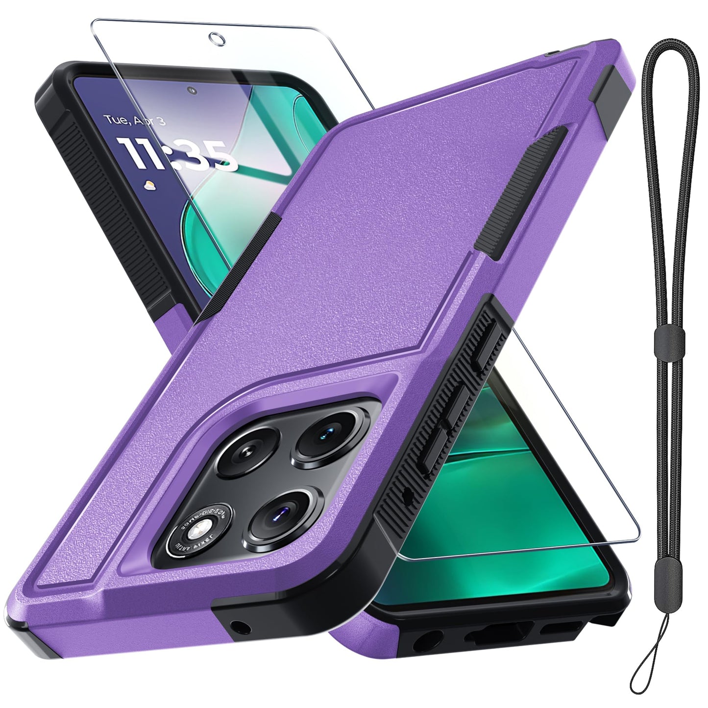 for Motorola Moto G Power 2026 Case, Full Body Heavy Duty Rugged Shockproof Protective Phone Cover with Lanyard Strap+Tempered Glass Screen Protector, Black Matte