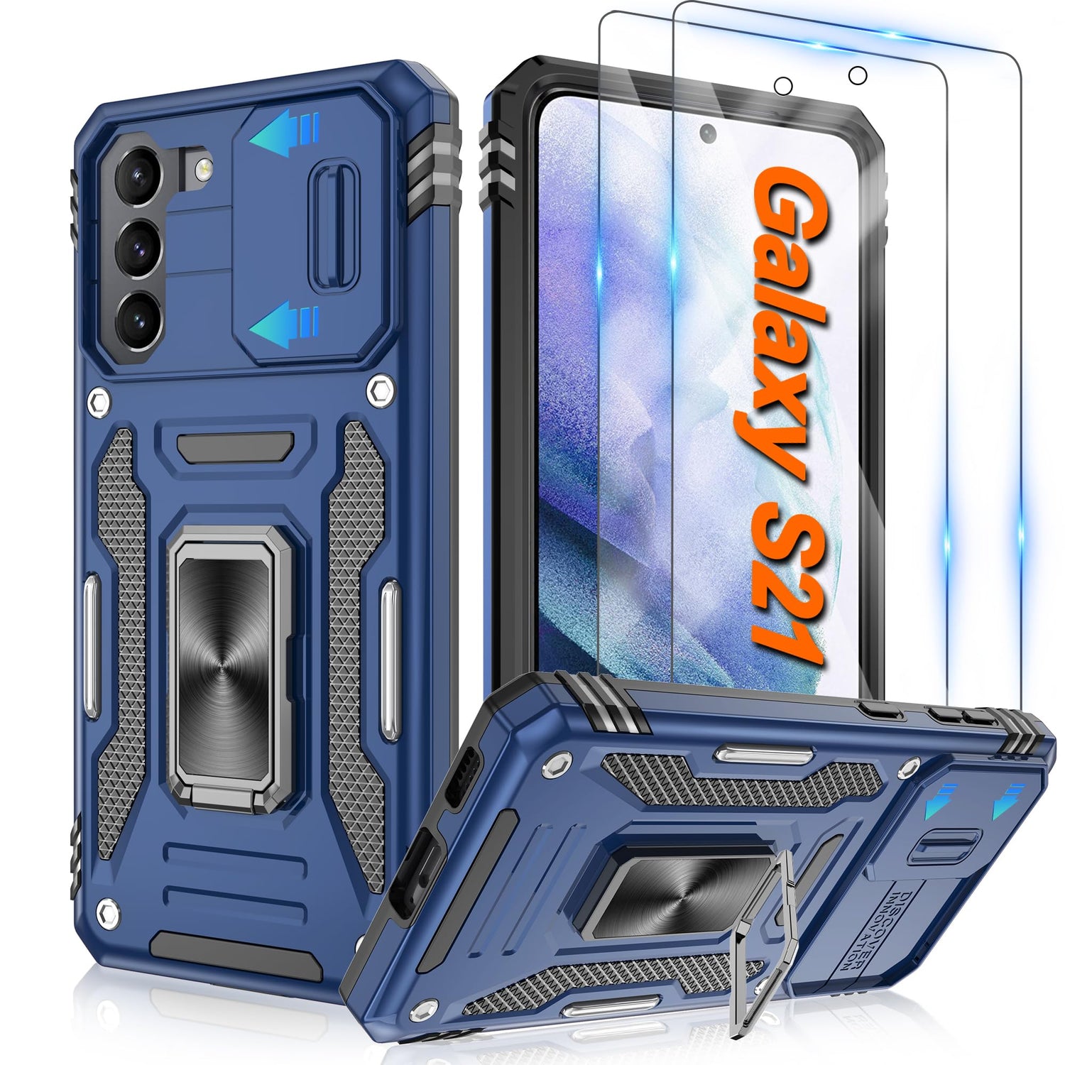 ATUMP for Samsung Galaxy S21 Case with [2 Pack] HD Screen Protector & Slide Camera Cover, 360° Rotation Ring Kickstand [Military Grade] Shockproof Protective Case for Galaxy S21 5G 6.2inch, Black