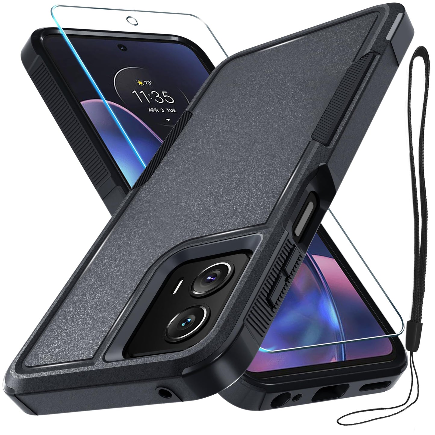 for Motorola G Play 2026/Moto G 2026 Case, Full Body Heavy Duty Rugged Shockproof Protective Phone Cover with Lanyard Strap+Tempered Glass Screen Protector, Black Matte
