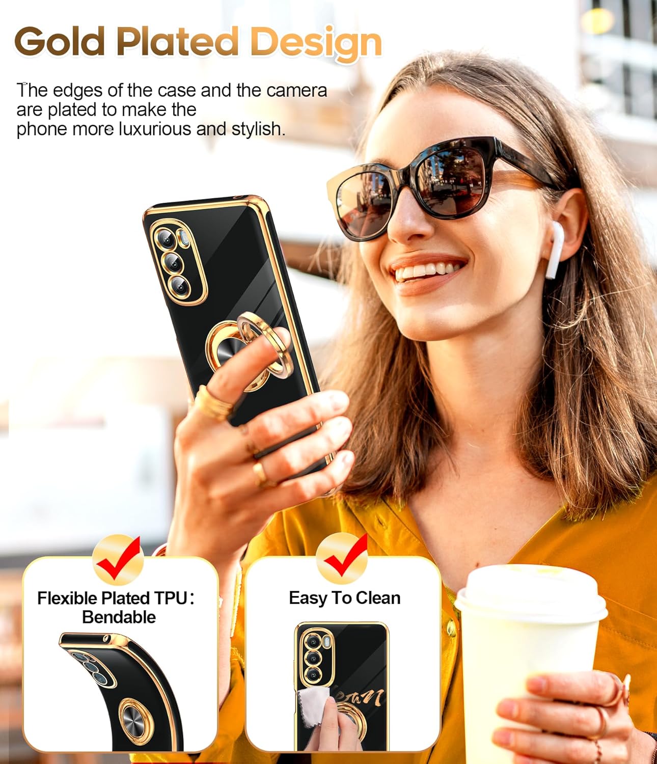 LeYi for Moto G Stylus 5G 2022 Case: with Tempered Glass Screen Protector [2 Pack] 360° Rotatable Ring Holder Magnetic Kickstand, Plating Rose Gold Edge for Motorola G Stylus 5G 2022 Case, Black