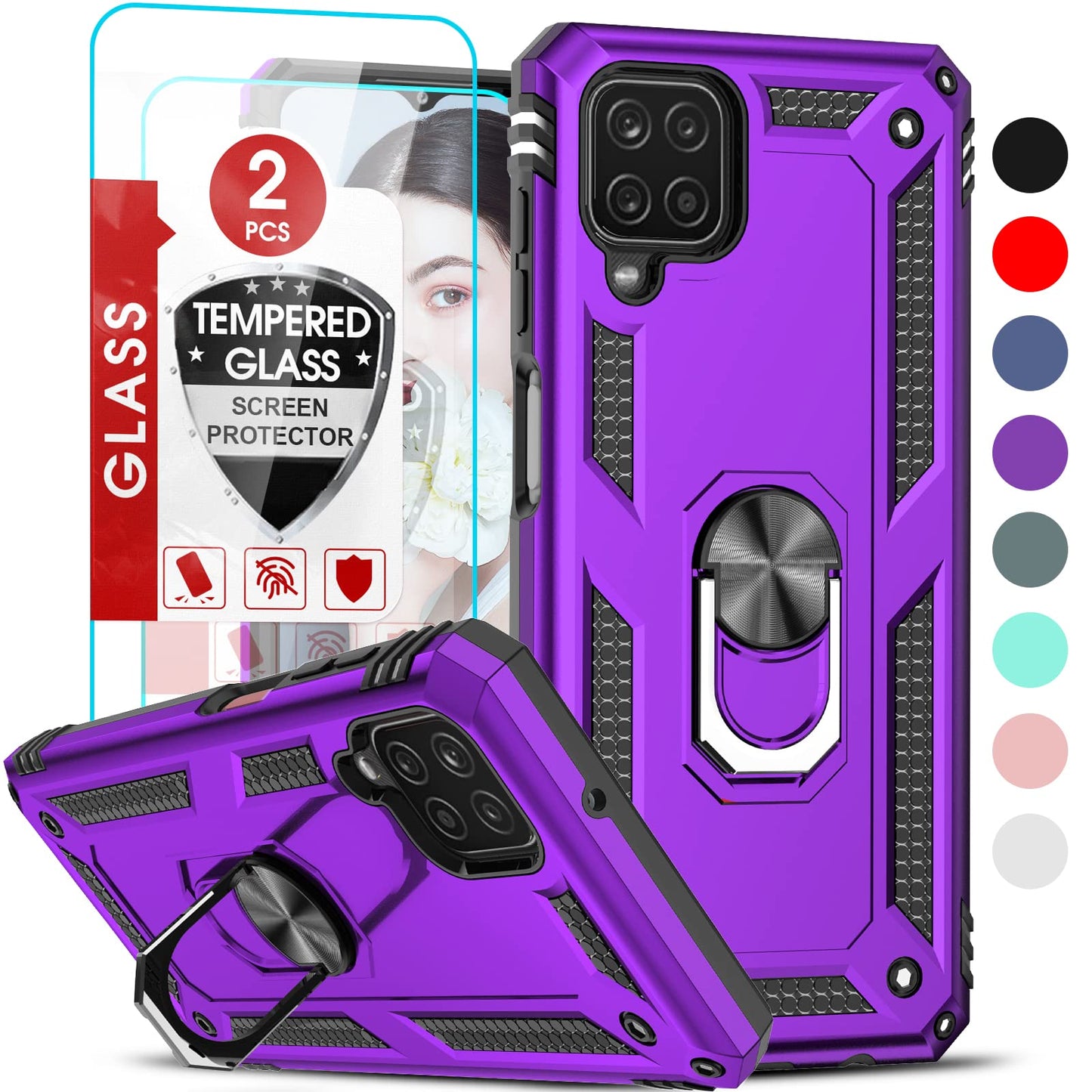 LeYi for Samsung Galaxy A12 Phone Case, Samsung A12 Phone Case with [2 Pack] Glass Screen Protector Replacement, Military-Grade Shockproof Magnetic Ring Stand Cell Android Case Cover A 12 5G, Black