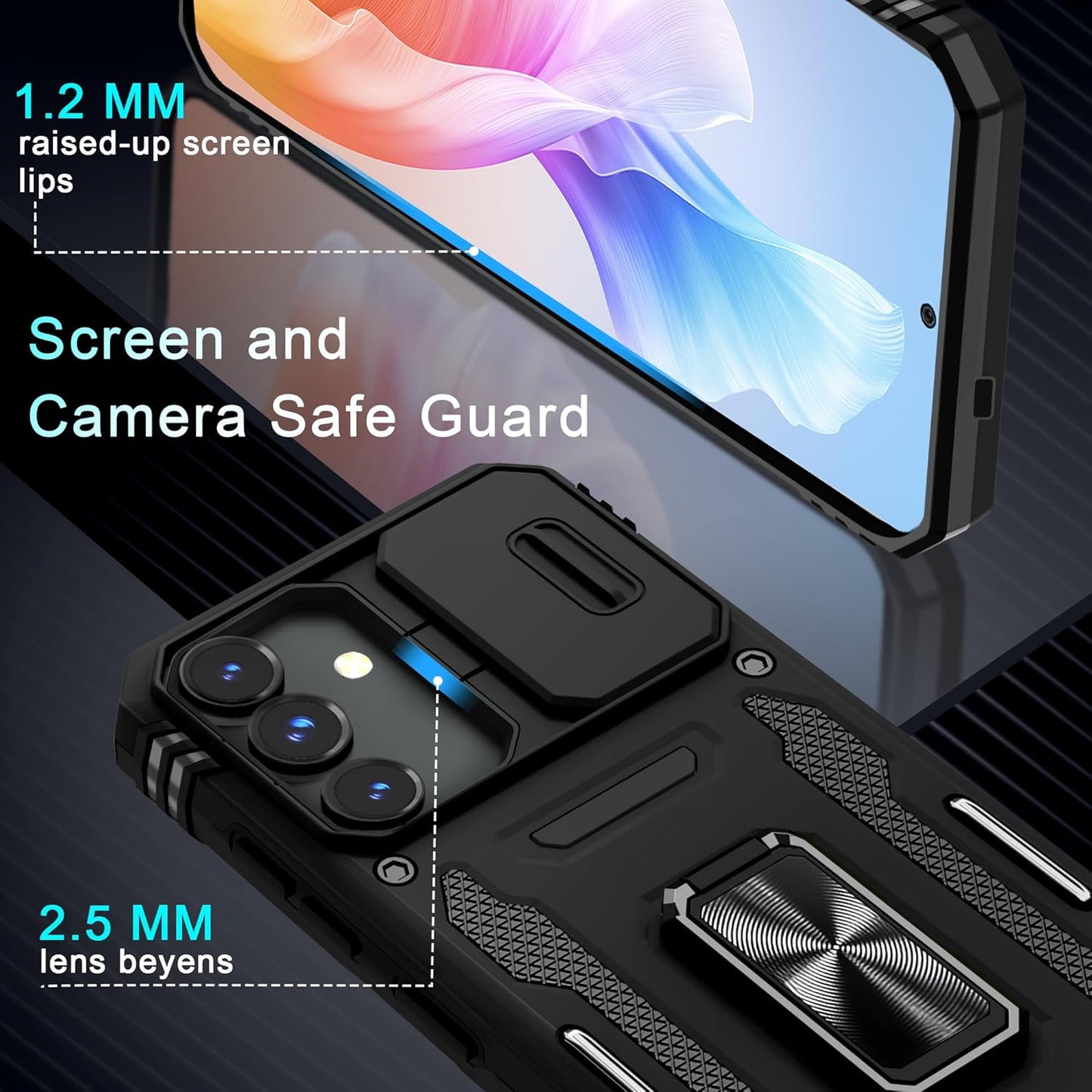 DEERLAMN Case for Samsung Galaxy S24 6.2-Inch with Slide Camera Cover+Screen Protector(1 Pack), Rotated Ring Kickstand Military Grade Shockproof Protective Cover-Black