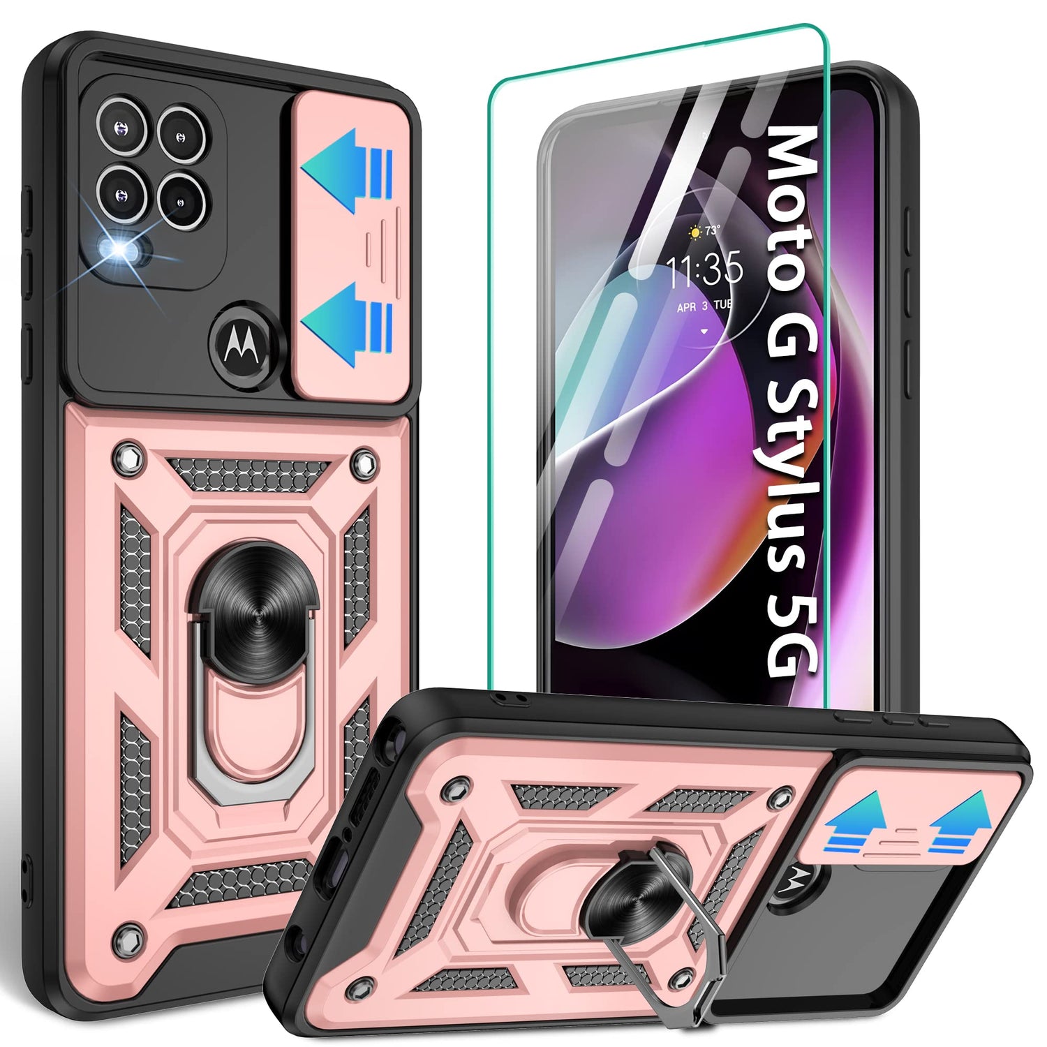 Gritup for Moto G Stylus 5G-2023 Case with Slide Camera Cover | 2-Pack HD Screen Protectors | 360° Rotating Metal Kickstand | MIL-Grade Shockproof Protection,Black