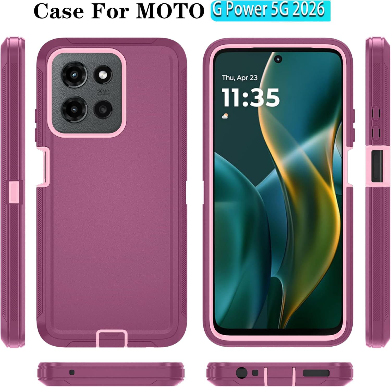 Qinmay Phone Case for Motorola Moto G Power 5G 2026 Case with HD Screen Protector, Heavy Duty Shockproof & Cover Phone Case for Moto G Power 2026,WineRedPink