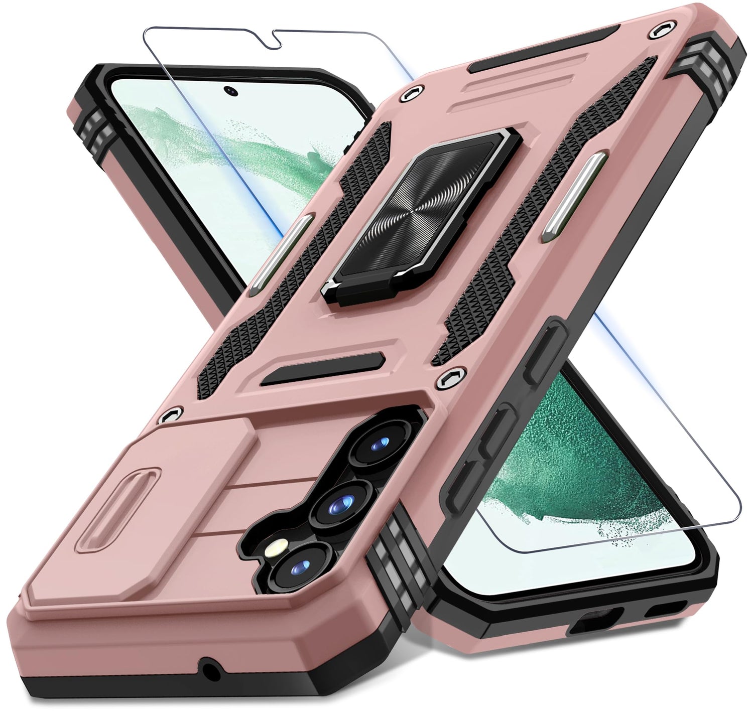 DEERLAMN Case for Samsung Galaxy S23 FE 6.4-Inch with Slide Camera Cover+Screen Protector(1 Pack),Rotated Ring Kickstand Military Grade Shockproof Protective Cover-Black