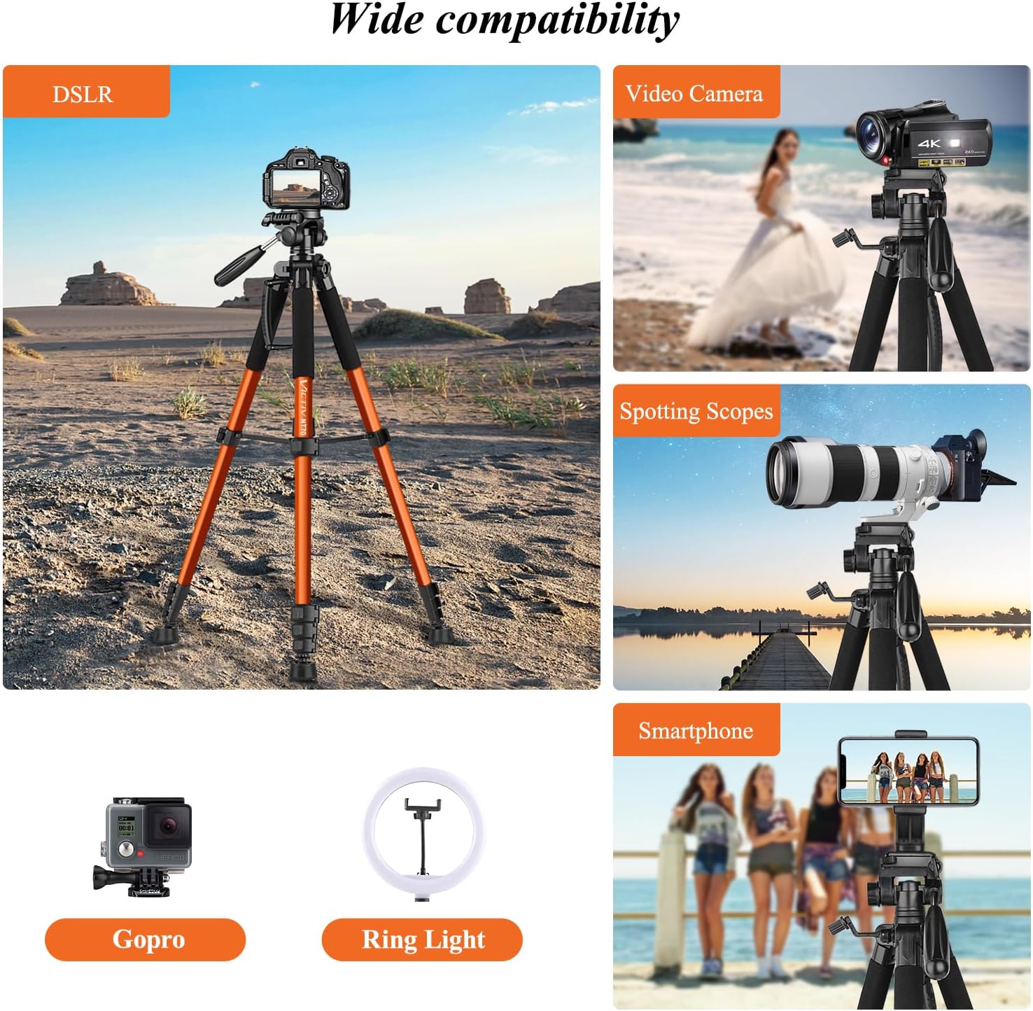 Victiv 74” Camera Tripod, Phone Tripod for iPhone with Phone Holder, Orange | Aluminum Professional Heavy Duty Camera Tripod Stand, Tall Tripod for DSLR with Carry Bag, Compatible with Canon Nikon iPhone