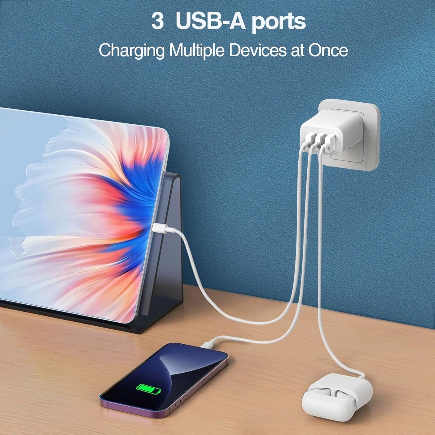 3 USB A Ports Charger Block，YTFCYIKBG Cell Phone wall Chargers，USB Cube wall Plug，for iPhone 14/13/12/11/X/XR/X/8/7/6, Galaxy, Android Phones and More （White）