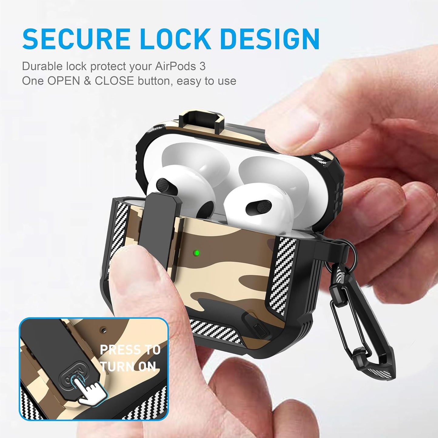 for Airpods 3Rd Generation Case, Airpods 3 Case Cover with Lock Airpod3 Generation Protective Cases Gen 3 Shockproof Cover with Keychain Compatible with Apple Airpod 3Rd Generation, Brown Camo