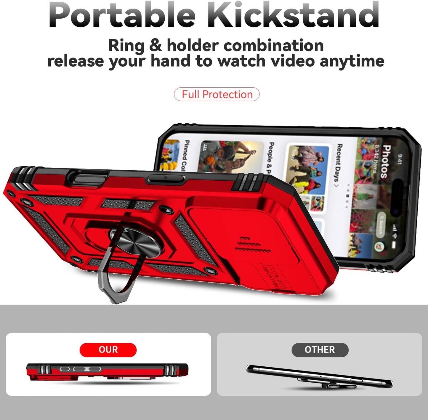 Case for Iphone 16 Pro Case with HD Screen Protector & Slide Camera Cover & Rotated Ring Kickstand, [Military-Grade] Phone Case for Iphone 16 Pro 6.3", Red