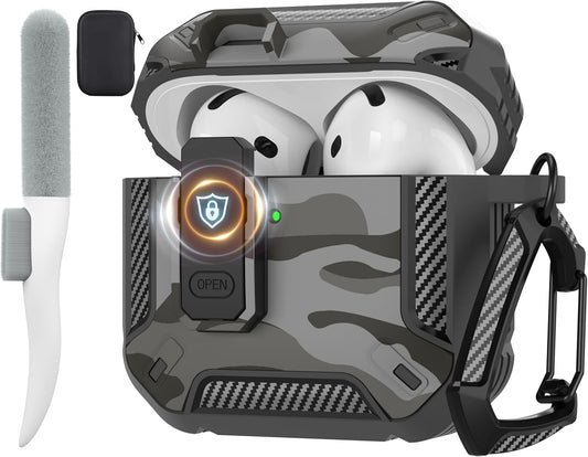 for Airpods 4 Case with Lock, Airpods 4Th Generation Case Cover with Cleaner Kit Shockproof Airpod Gen 4 Protective Cases with Keychain Compatible with Apple Airpods4 2024 2025, Grey Camo