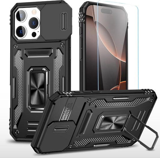 Phone Case for Iphone 16 Pro Max Case with HD Screen Protector & Slide Camera Cover & Rotated Ring Kickstand, [Military-Grade] Phone Case for Iphone 16 Pro Max 6.9", Z_Black