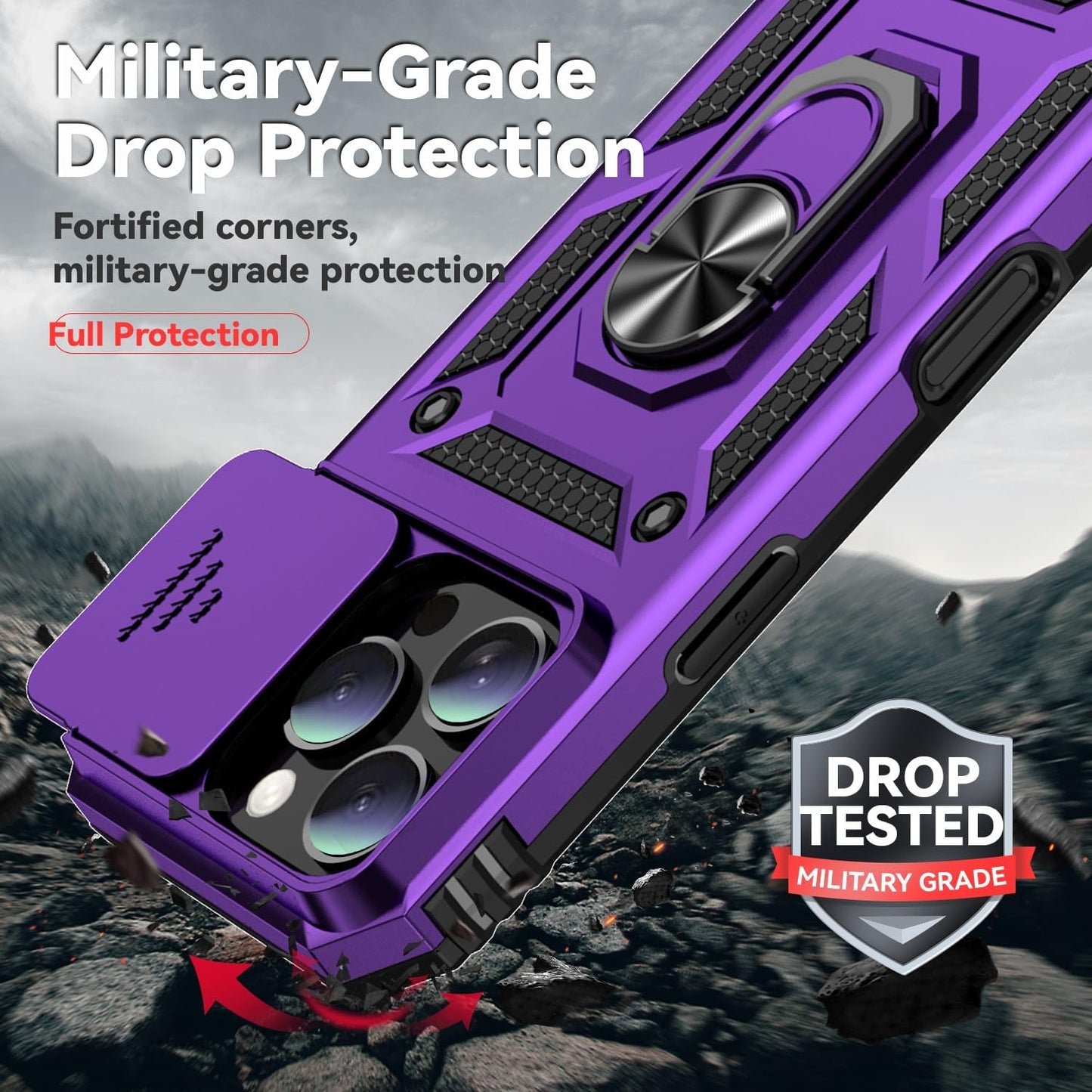 Case for Iphone 16 Pro Case with HD Screen Protector & Slide Camera Cover & Rotated Ring Kickstand, [Military-Grade] Phone Case for Iphone 16 Pro 6.3", Purple