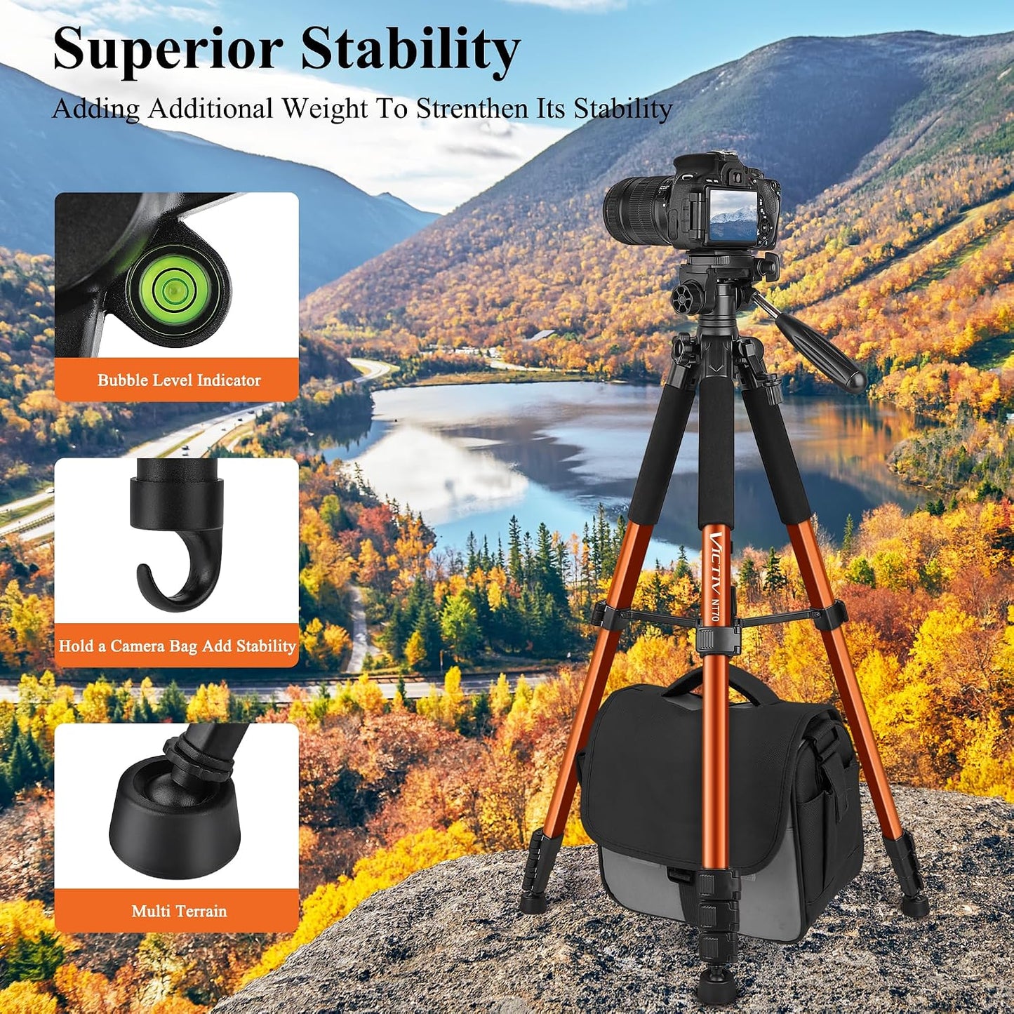 Victiv 74” Camera Tripod, Phone Tripod for iPhone with Phone Holder, Orange | Aluminum Professional Heavy Duty Camera Tripod Stand, Tall Tripod for DSLR with Carry Bag, Compatible with Canon Nikon iPhone