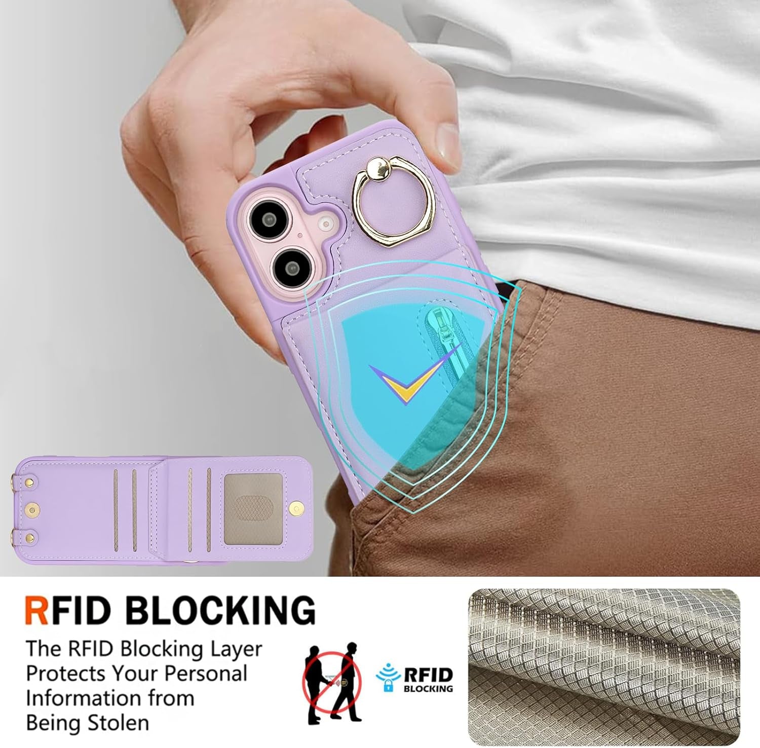 Crossbody Wallet Case for Iphone 16, with Card Slots Zipper Pocket Case, Flip Folio Purse RFID Blocking with Ring Kickstand Detachable Strap-Purple