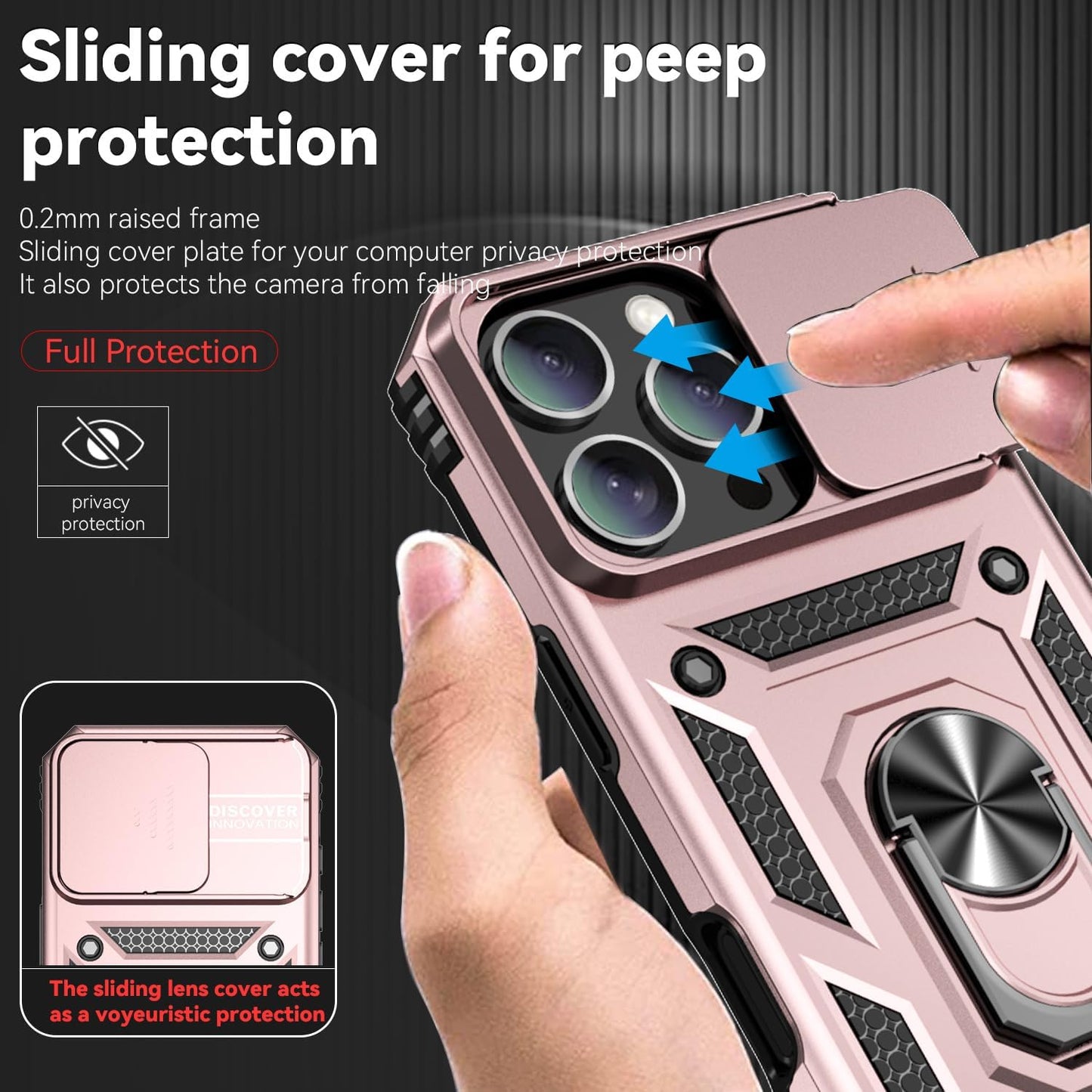 Case for Iphone 16 Pro Case with HD Screen Protector & Slide Camera Cover & Rotated Ring Kickstand, [Military-Grade] Phone Case for Iphone 16 Pro 6.3", Rosegold