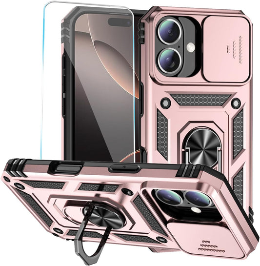 Phone Case for Iphone 16 Case with HD Screen Protector & Slide Camera Cover & Rotated Ring Kickstand, [Military-Grade] Phone Case for Iphone 16 6.1", Rosegold