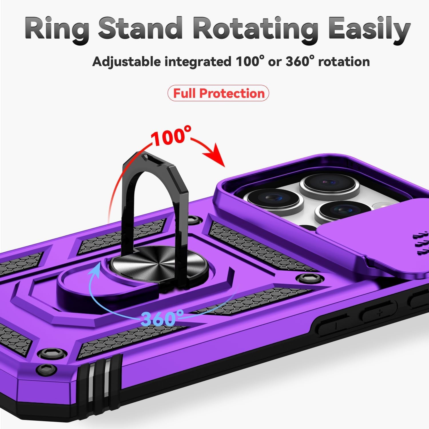Case for Iphone 16 Pro Case with HD Screen Protector & Slide Camera Cover & Rotated Ring Kickstand, [Military-Grade] Phone Case for Iphone 16 Pro 6.3", Purple