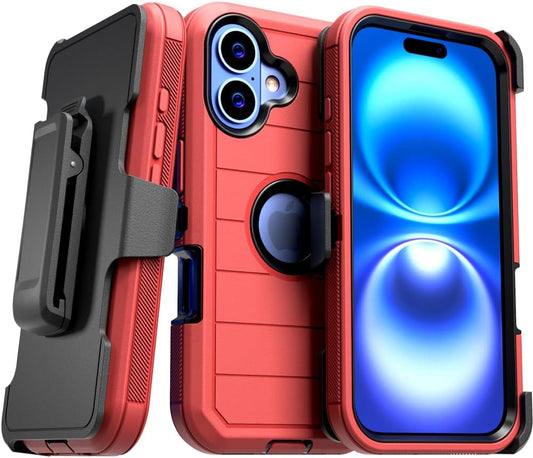 For Iphone 16 Case with Belt Clip Holster & Kickstand, Screenless Protective Dual-Layer Shockproof Iphone 16 Defender Case - Red&Black