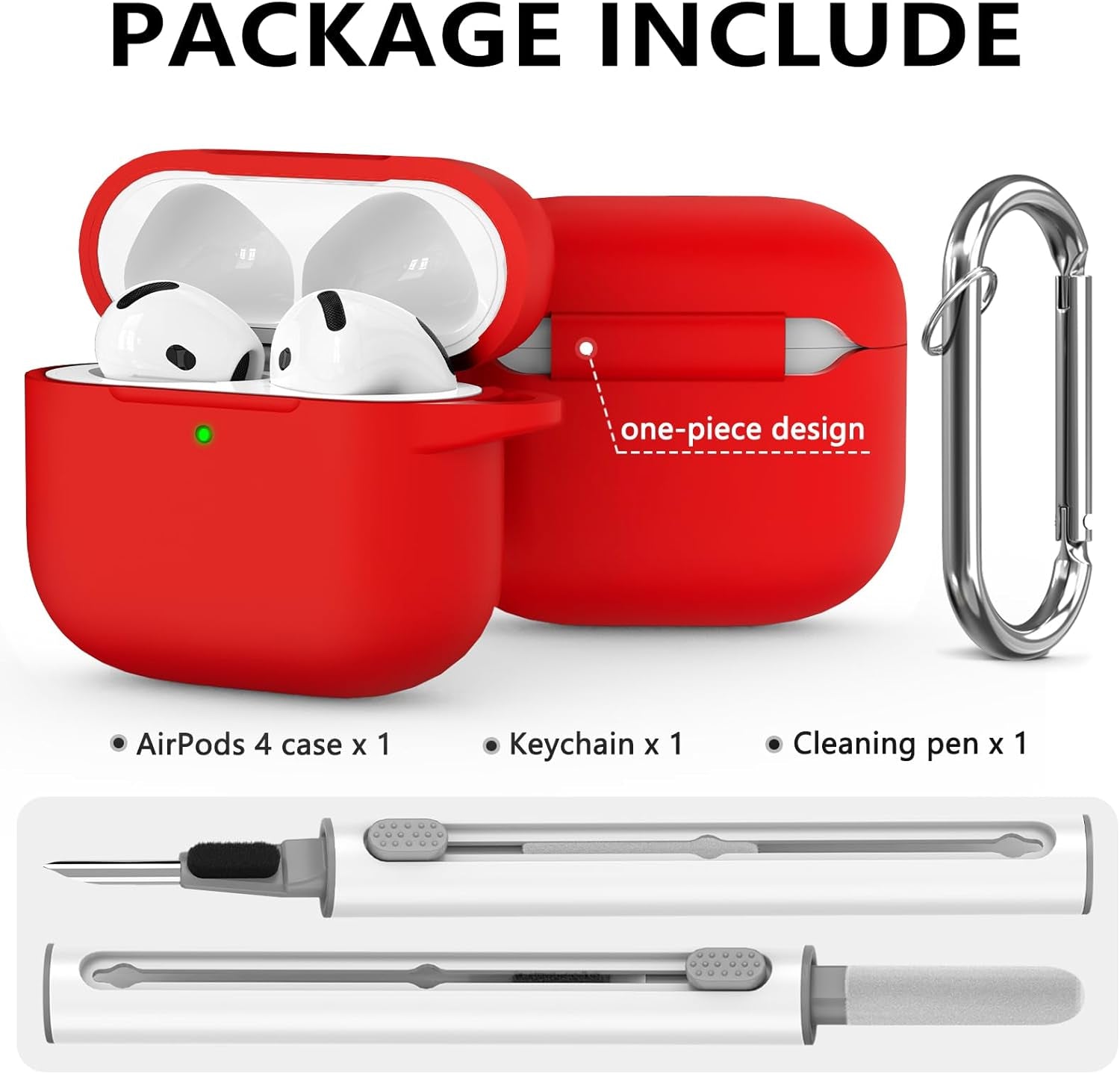 For Airpods 4 Case Cover 2024 with Cleaner Kit,Soft Silicone Protective Cover for Apple Airpods 4Th Generation Cases for Women Men,Airpod 4 Case Accessories with Keychain-Deep Red