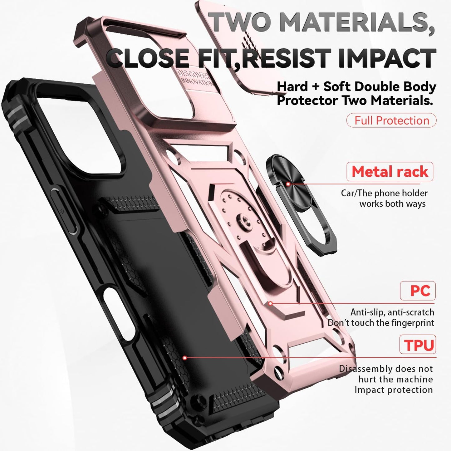 Case for Iphone 16 Pro Case with HD Screen Protector & Slide Camera Cover & Rotated Ring Kickstand, [Military-Grade] Phone Case for Iphone 16 Pro 6.3", Rosegold