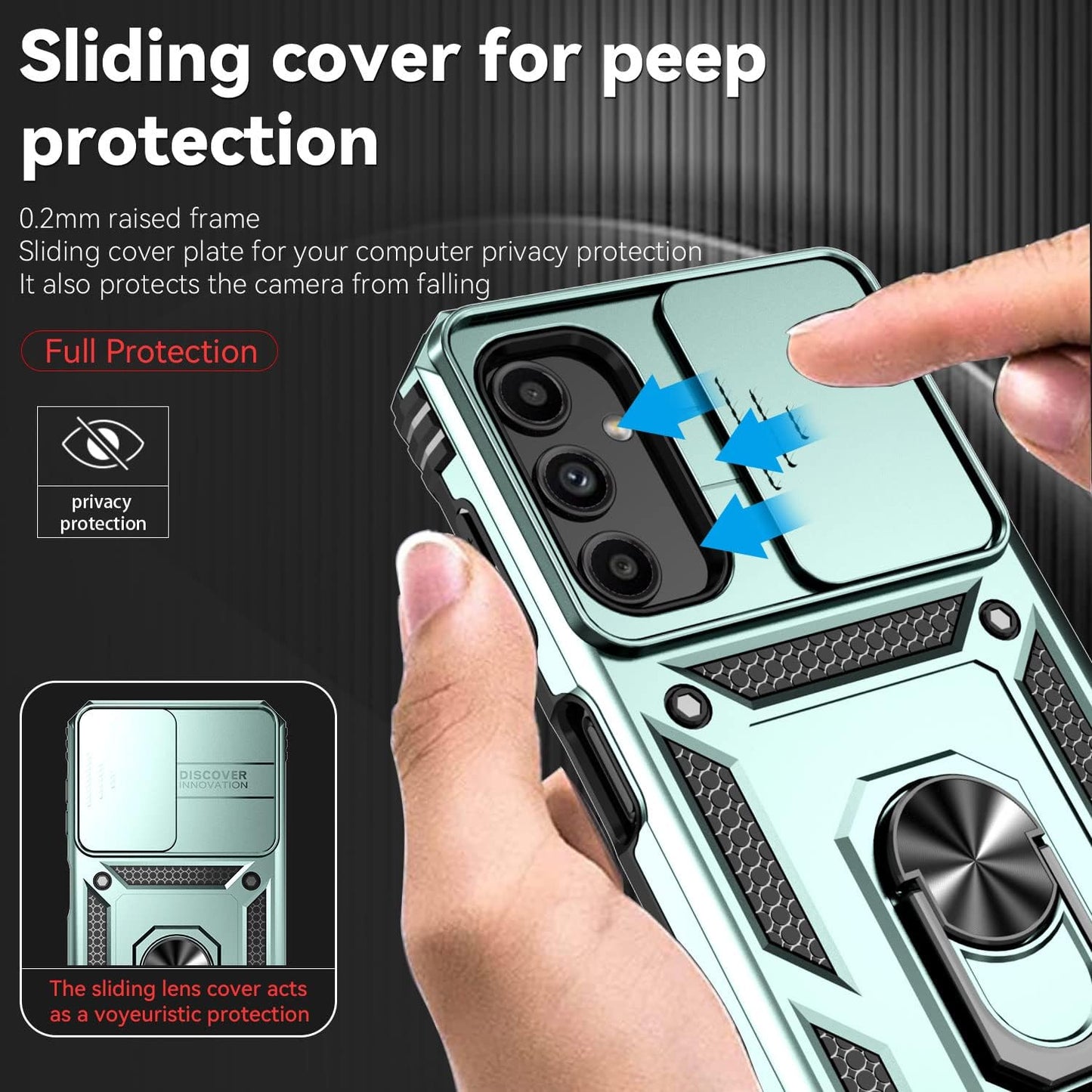 Phone Case for Samsung Galaxy A14 5G Case with HD Screen Protector & Slide Camera Cover & Rotated Ring Kickstand, [Military-Grade] Phone Case for Galaxy A14 5G,Green