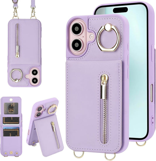 Crossbody Wallet Case for Iphone 16, with Card Slots Zipper Pocket Case, Flip Folio Purse RFID Blocking with Ring Kickstand Detachable Strap-Purple
