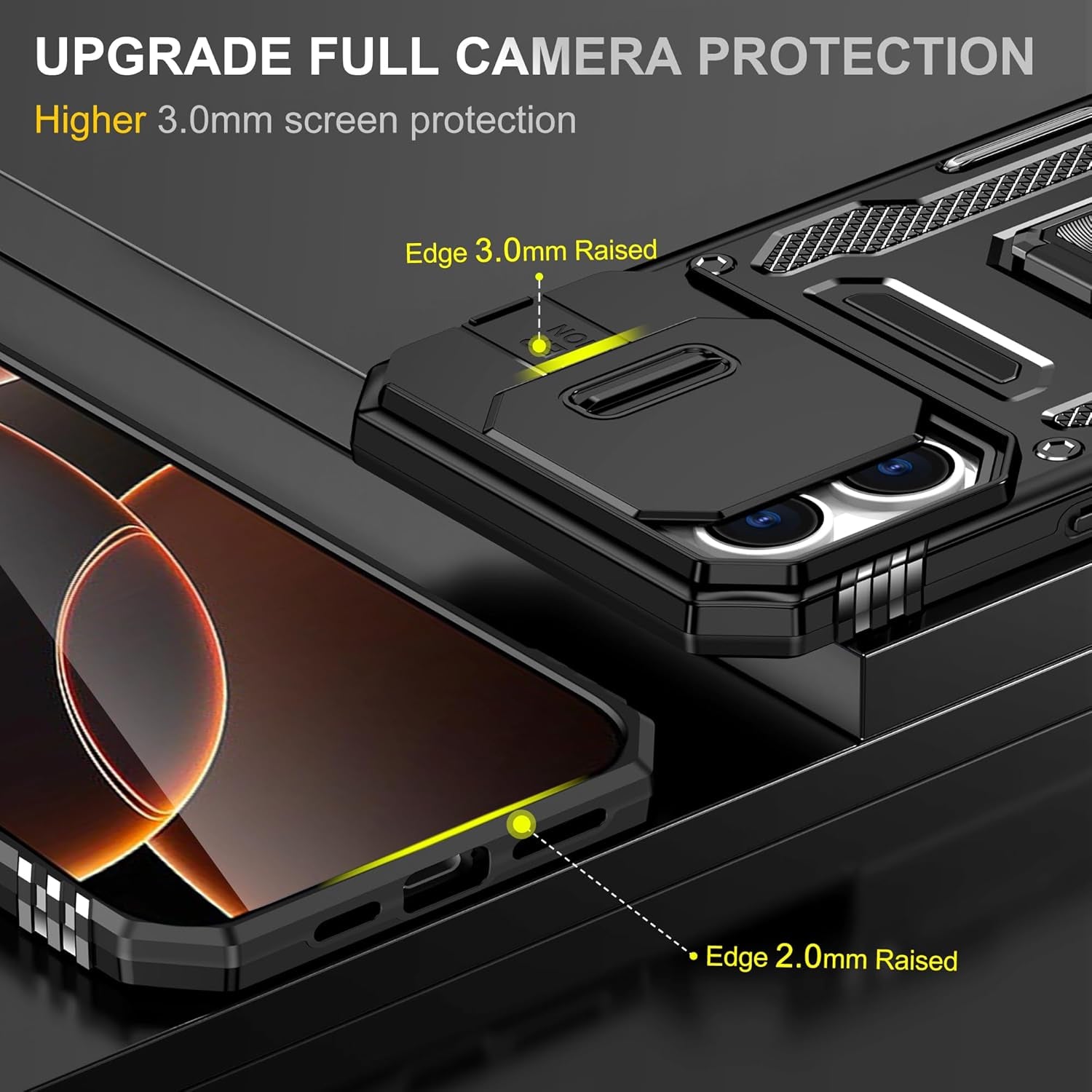Phone Case for Iphone 16 Pro Max Case with HD Screen Protector & Slide Camera Cover & Rotated Ring Kickstand, [Military-Grade] Phone Case for Iphone 16 Pro Max 6.9", Z_Black