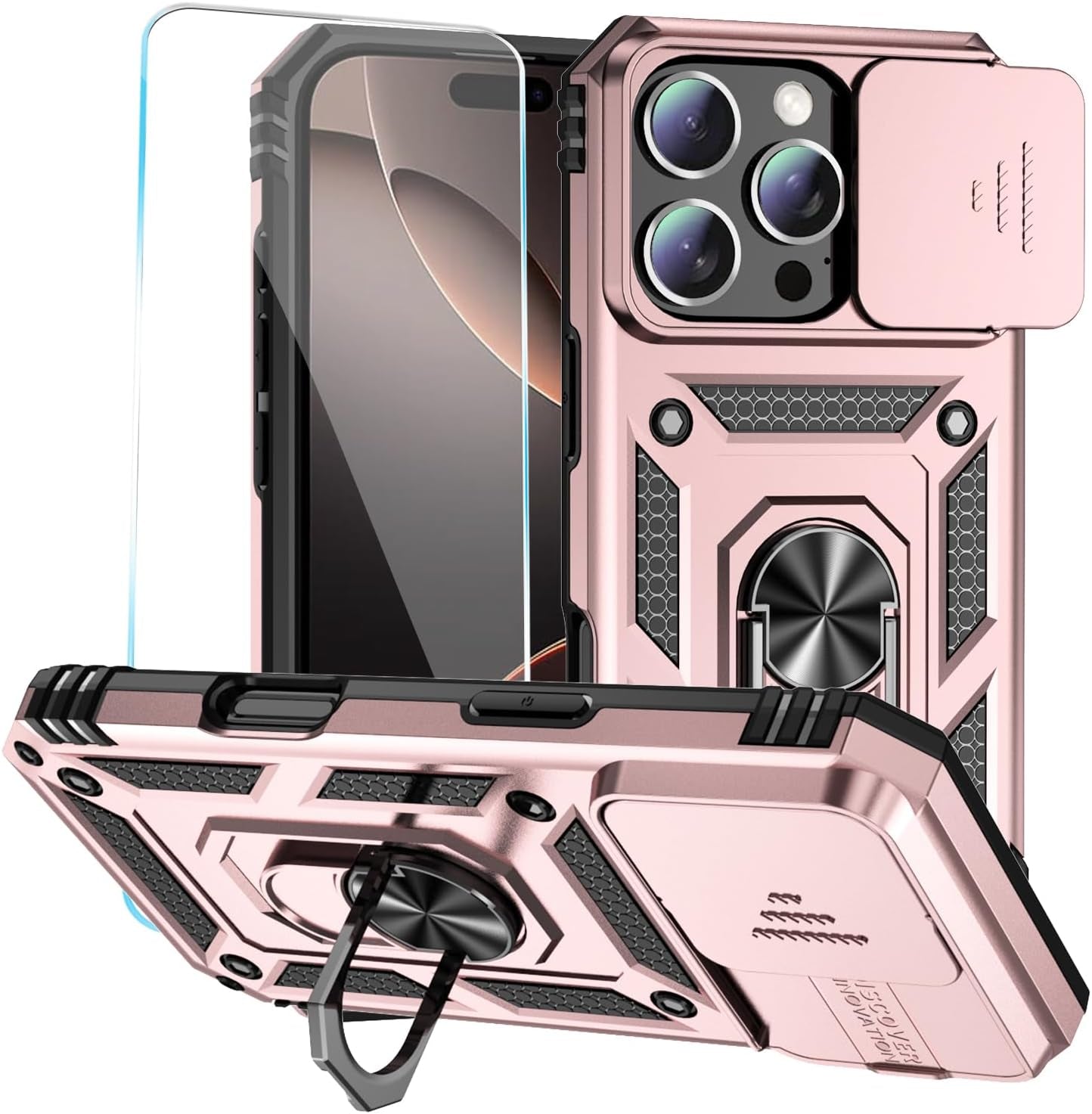 Case for Iphone 16 Pro Case with HD Screen Protector & Slide Camera Cover & Rotated Ring Kickstand, [Military-Grade] Phone Case for Iphone 16 Pro 6.3", Rosegold