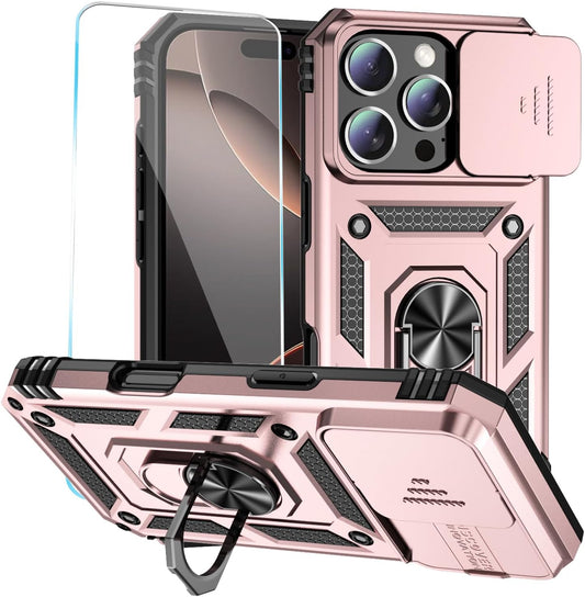 Case for Iphone 16 Pro Case with HD Screen Protector & Slide Camera Cover & Rotated Ring Kickstand, [Military-Grade] Phone Case for Iphone 16 Pro 6.3", Rosegold