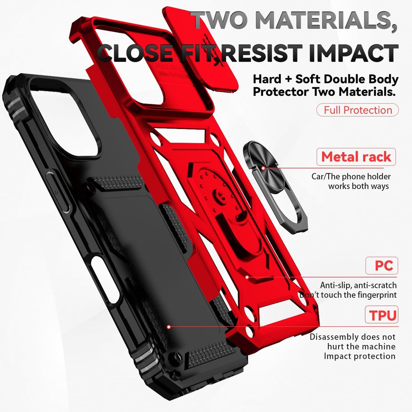 Phone Case for Iphone 16 Case with HD Screen Protector & Slide Camera Cover & Rotated Ring Kickstand, [Military-Grade] Phone Case for Iphone 16 6.1", Red