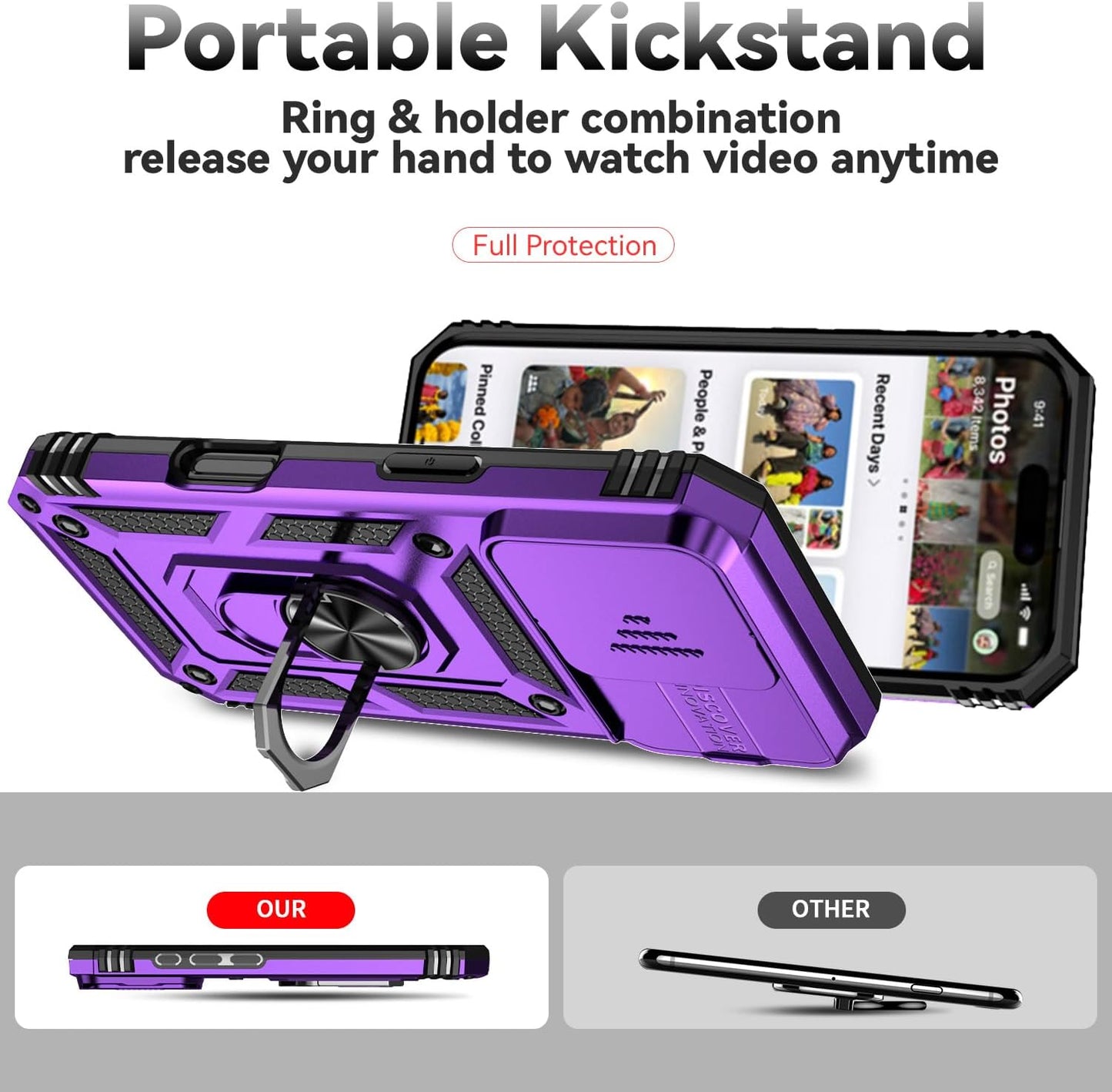 Case for Iphone 16 Pro Case with HD Screen Protector & Slide Camera Cover & Rotated Ring Kickstand, [Military-Grade] Phone Case for Iphone 16 Pro 6.3", Purple