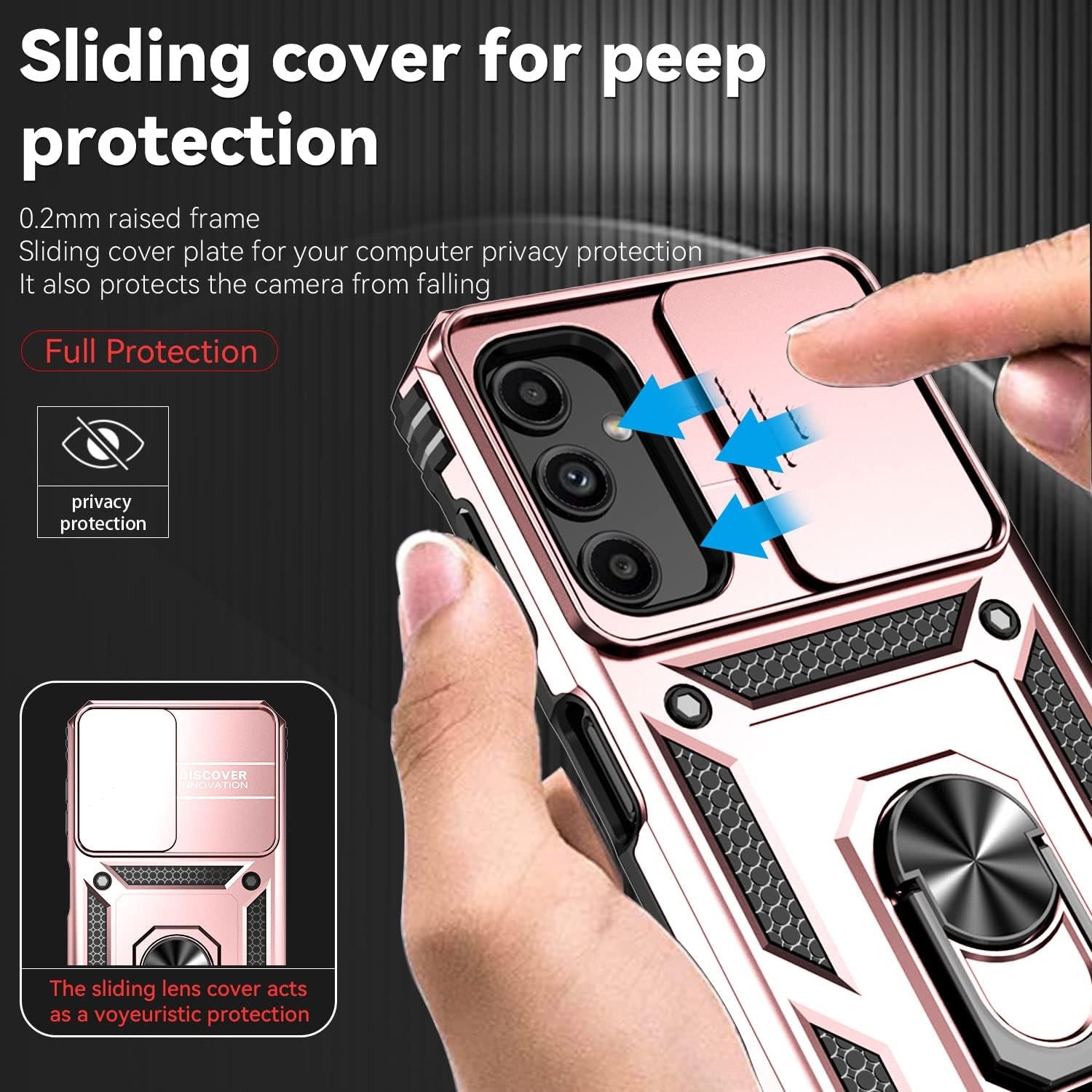 Phone Case for Samsung Galaxy A14 5G Case with HD Screen Protector & Slide Camera Cover & Rotated Ring Kickstand, [Military-Grade] Phone Case for Galaxy A14 5G,Rose Gold