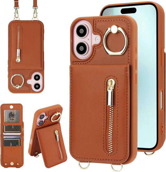 Crossbody Wallet Case for Iphone 16 Plus, with Card Slots Zipper Pocket Case, Flip Folio Purse RFID Blocking with Ring Kickstand Detachable Strap-Brown