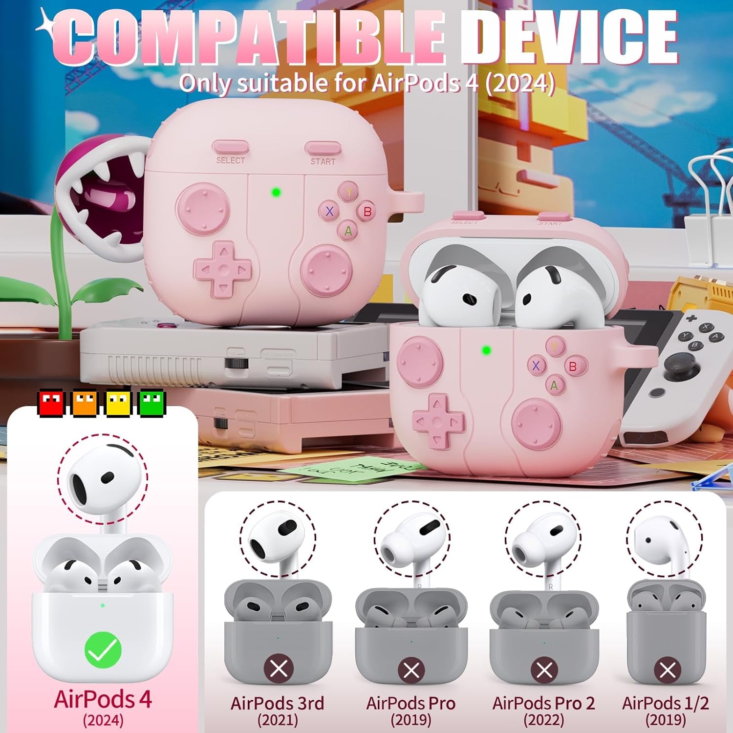 Classic Game Case for Apple Airpod 4, Silicone Funny Airpod Case 4Th Generation for Women Girls, Compatible with Airpods 4 Cover with Cleaning Kit, Air Pod 4 Case with Keychain, Pink