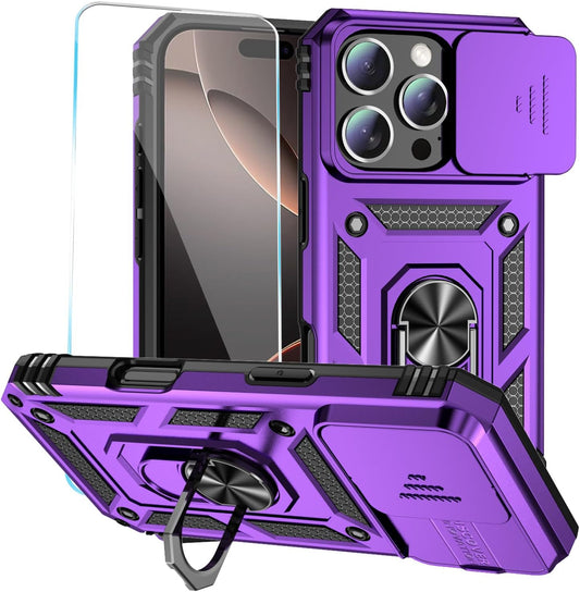 Case for Iphone 16 Pro Case with HD Screen Protector & Slide Camera Cover & Rotated Ring Kickstand, [Military-Grade] Phone Case for Iphone 16 Pro 6.3", Purple