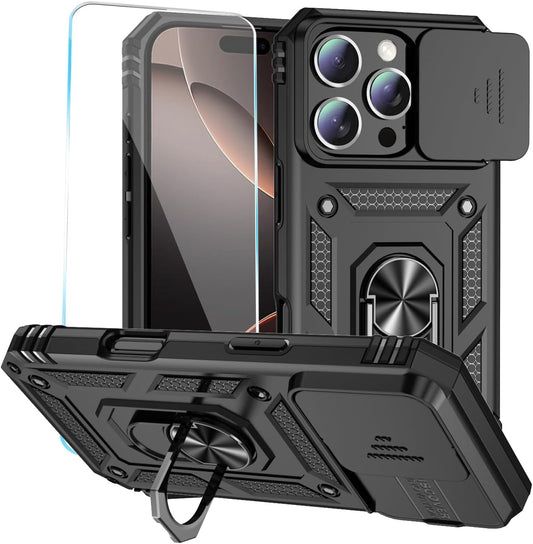Case for Iphone 16 Pro Case with HD Screen Protector & Slide Camera Cover & Rotated Ring Kickstand, [Military-Grade] Phone Case for Iphone 16 Pro 6.3", Black