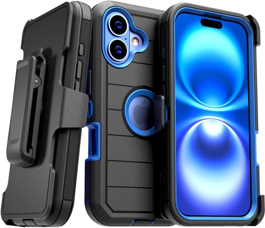 For Iphone 16 Case with Belt Clip Holster & Kickstand, Screenless Protective Dual-Layer Shockproof Iphone 16 Defender Case - Black & Blue