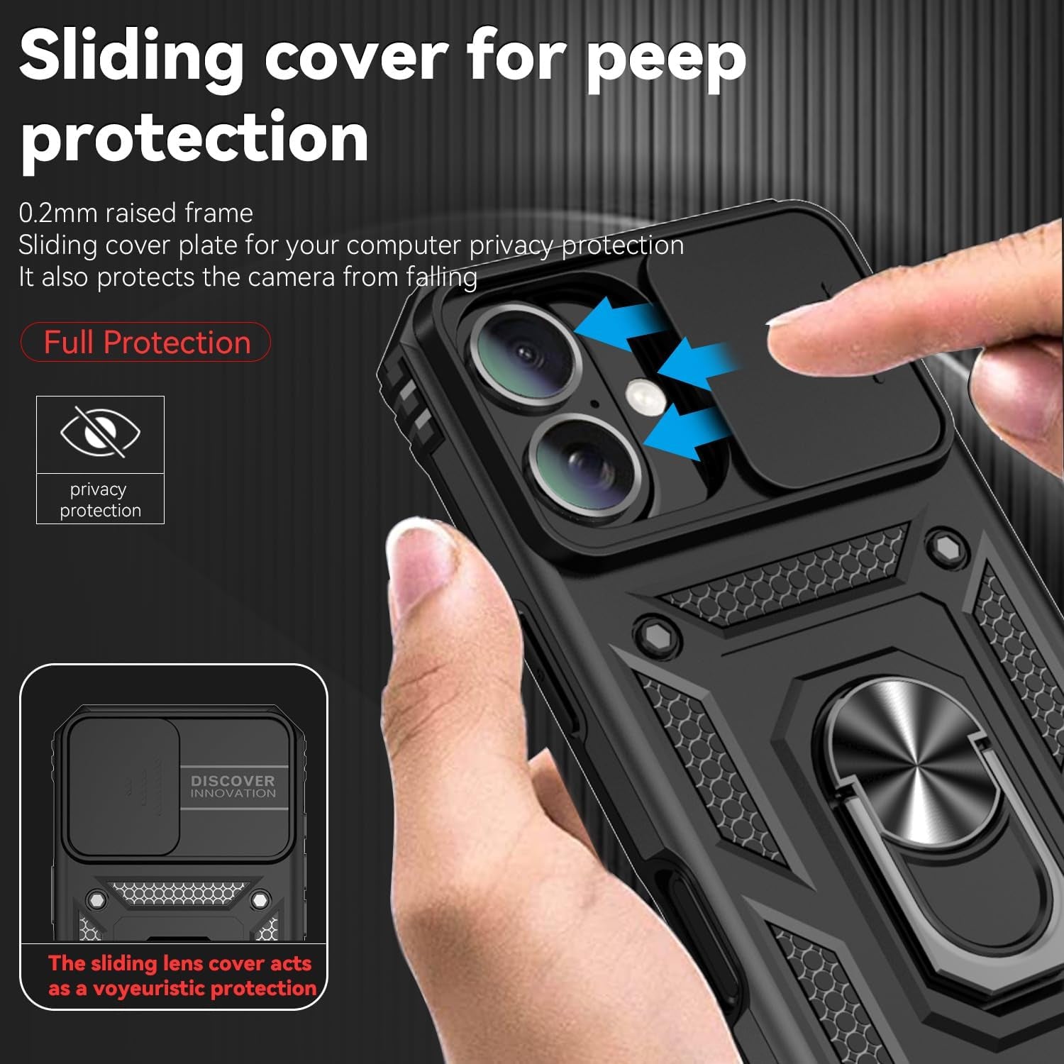 Phone Case for Iphone 16 Case with HD Screen Protector & Slide Camera Cover & Rotated Ring Kickstand, [Military-Grade] Phone Case for Iphone 16 6.1", Black