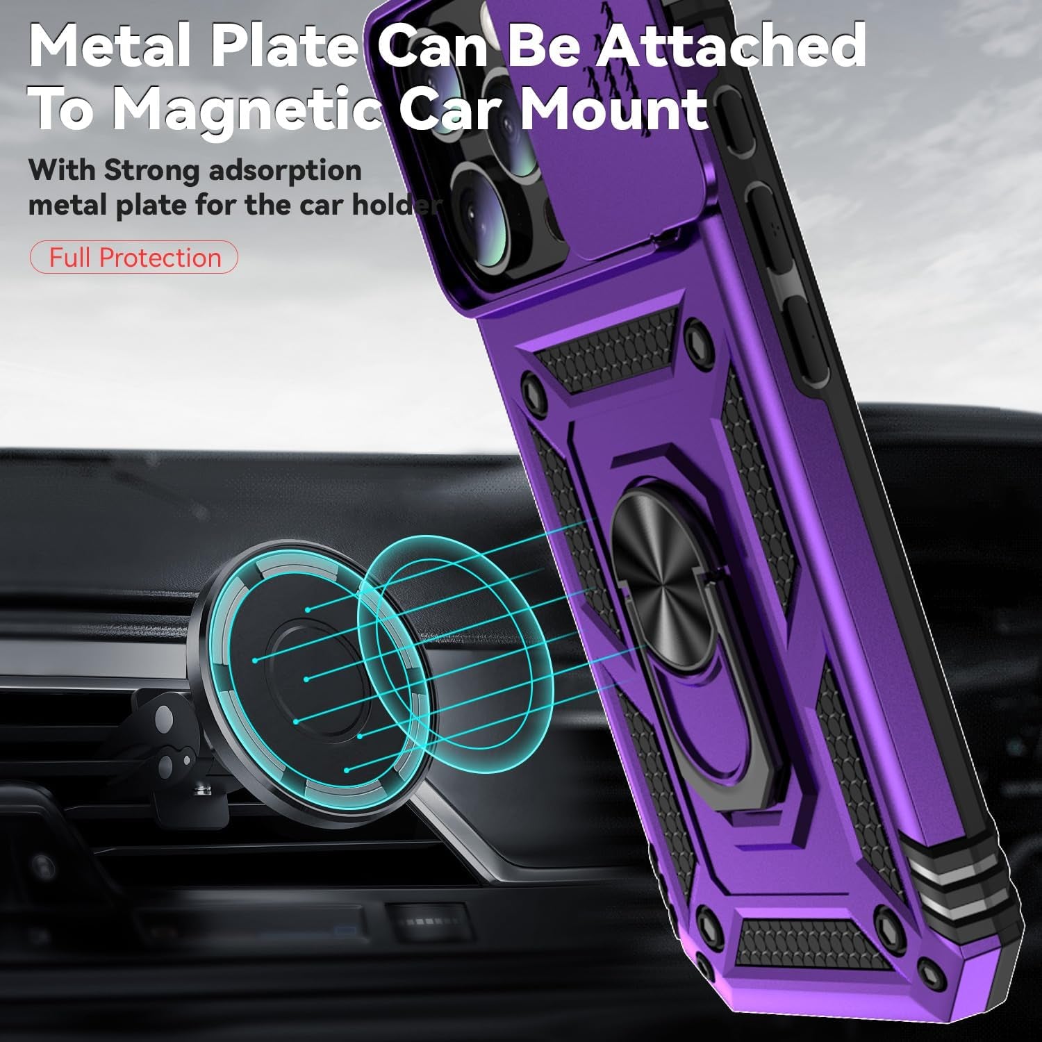 Case for Iphone 16 Pro Case with HD Screen Protector & Slide Camera Cover & Rotated Ring Kickstand, [Military-Grade] Phone Case for Iphone 16 Pro 6.3", Purple