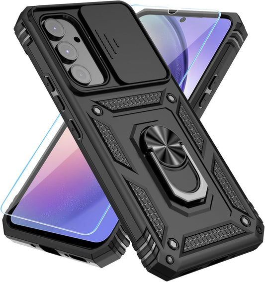 Galaxy A14 5G Phone Case [Military-Grade] with HD Screen Protector, Slide Camera Cover, Kickstand & Black PC+TPU Material