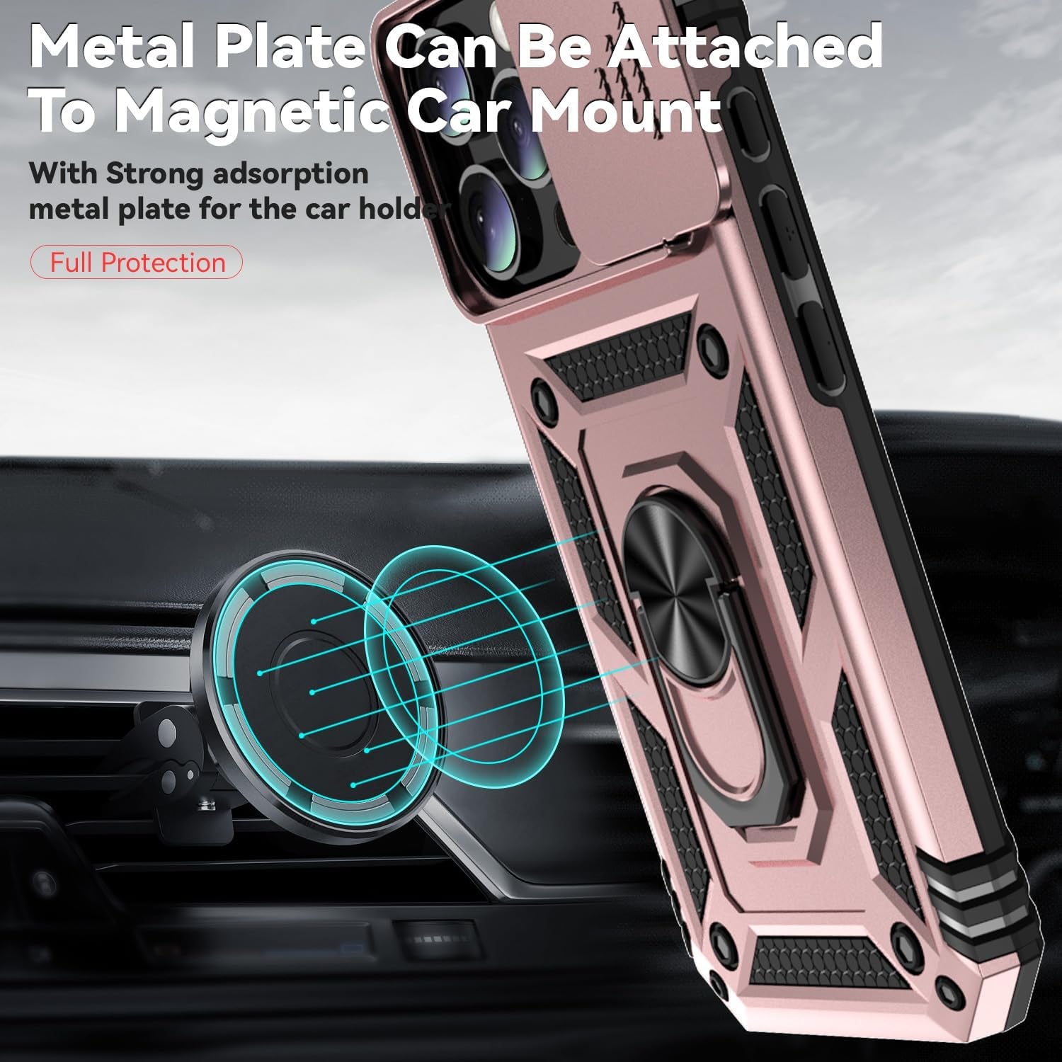 Case for Iphone 16 Pro Case with HD Screen Protector & Slide Camera Cover & Rotated Ring Kickstand, [Military-Grade] Phone Case for Iphone 16 Pro 6.3", Rosegold