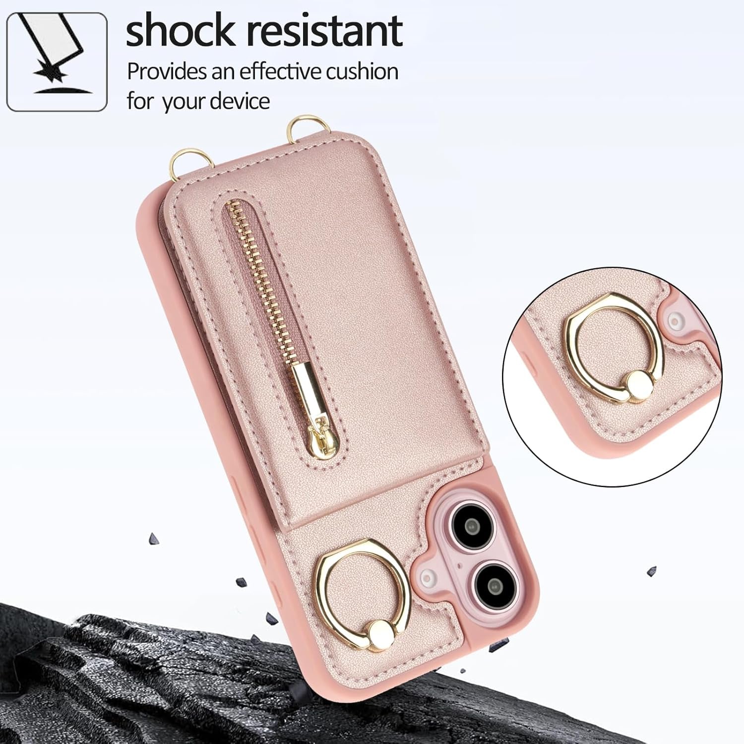 Crossbody Wallet Case for Iphone 16 Plus, with Card Slots Zipper Pocket Case, Flip Folio Purse RFID Blocking with Ring Kickstand Detachable Strap-Pink