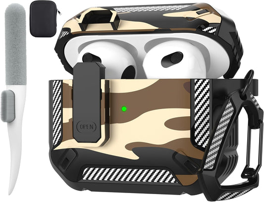 for Airpods 3Rd Generation Case, Airpods 3 Case Cover with Lock Airpod3 Generation Protective Cases Gen 3 Shockproof Cover with Keychain Compatible with Apple Airpod 3Rd Generation, Brown Camo