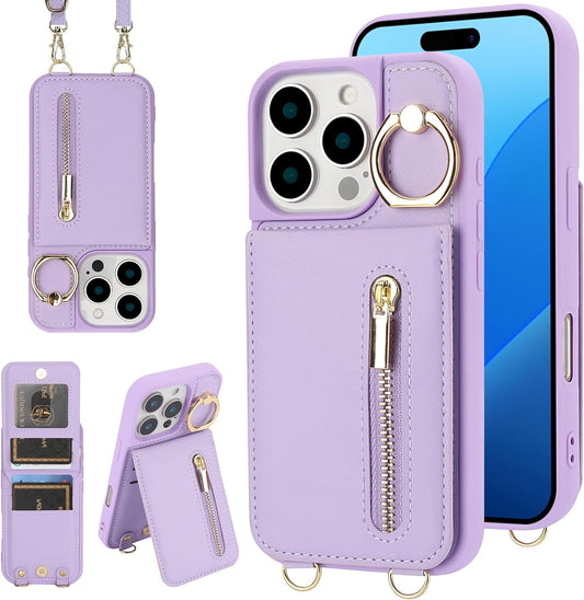 Crossbody Wallet Case for Iphone 16 Pro Max, with Card Slots Zipper Pocket Case, Flip Folio Purse RFID Blocking with Ring Kickstand Detachable Strap-Purple