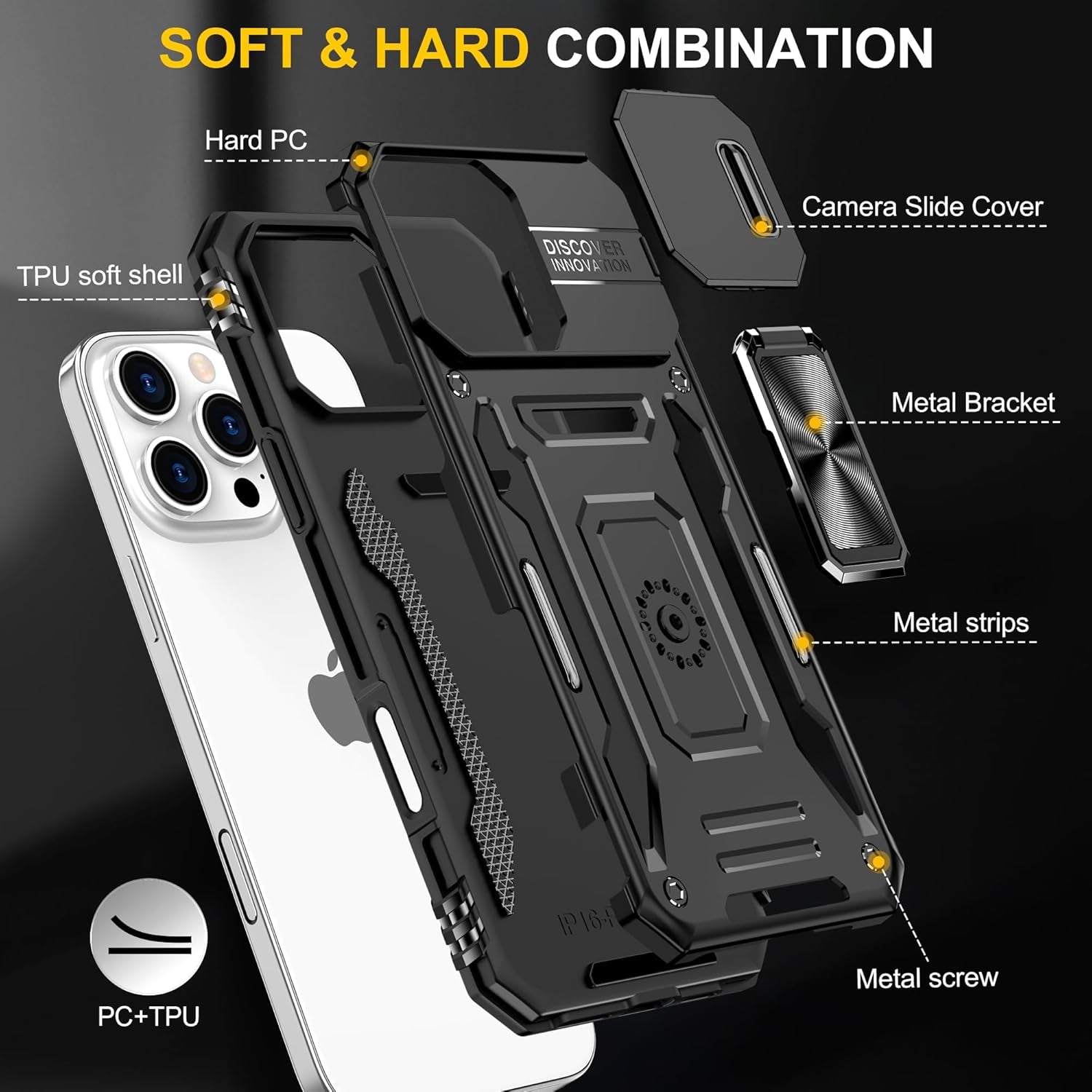 Phone Case for Iphone 16 Pro Max Case with HD Screen Protector & Slide Camera Cover & Rotated Ring Kickstand, [Military-Grade] Phone Case for Iphone 16 Pro Max 6.9", Z_Black