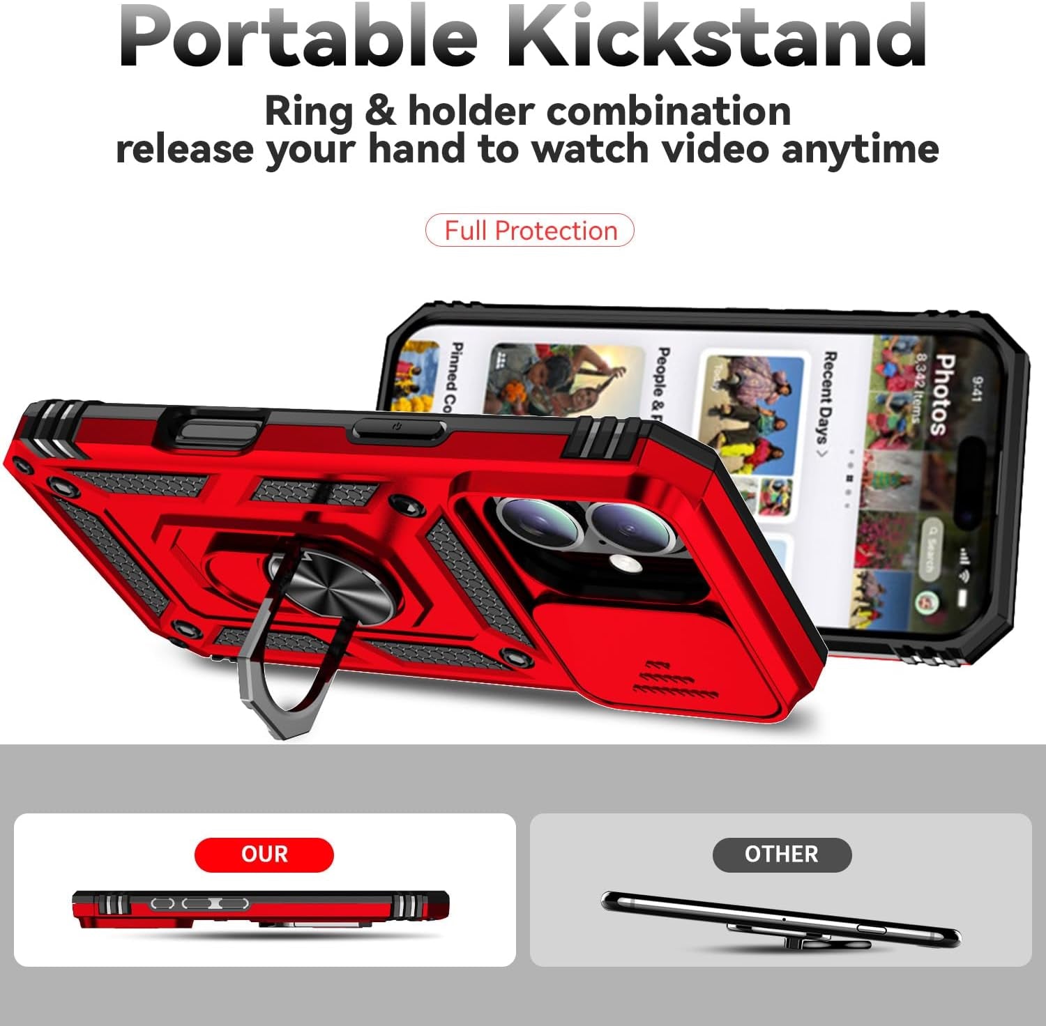 Phone Case for Iphone 16 Case with HD Screen Protector & Slide Camera Cover & Rotated Ring Kickstand, [Military-Grade] Phone Case for Iphone 16 6.1", Red