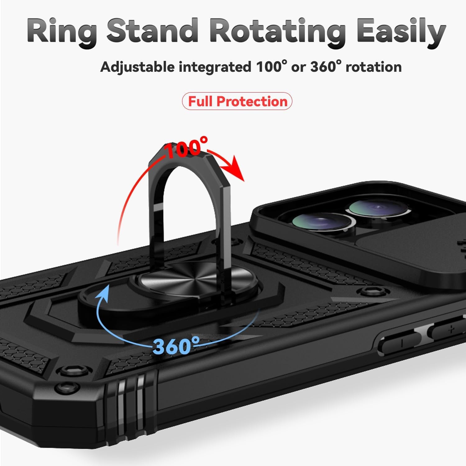 Phone Case for Iphone 16 Case with HD Screen Protector & Slide Camera Cover & Rotated Ring Kickstand, [Military-Grade] Phone Case for Iphone 16 6.1", Black