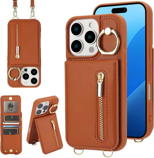 Crossbody Wallet Case for Iphone 16 Pro Max, with Card Slots Zipper Pocket Case, Flip Folio Purse RFID Blocking with Ring Kickstand Detachable Strap-Brown