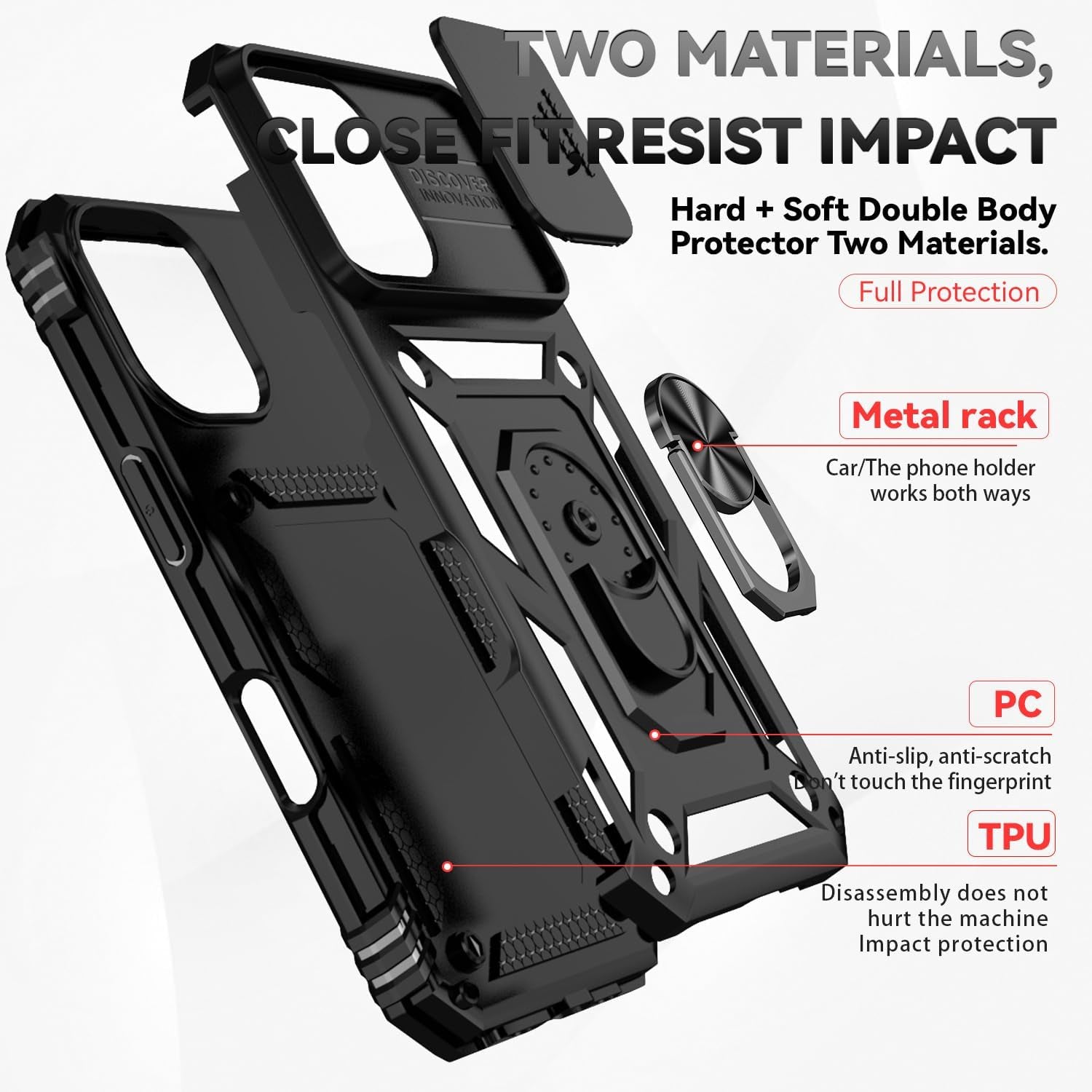 Phone Case for Iphone 16 Case with HD Screen Protector & Slide Camera Cover & Rotated Ring Kickstand, [Military-Grade] Phone Case for Iphone 16 6.1", Black