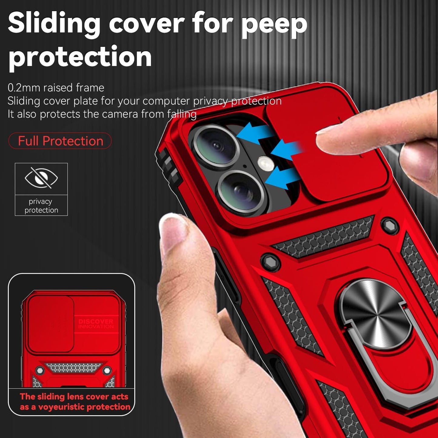 Phone Case for Iphone 16 Case with HD Screen Protector & Slide Camera Cover & Rotated Ring Kickstand, [Military-Grade] Phone Case for Iphone 16 6.1", Red